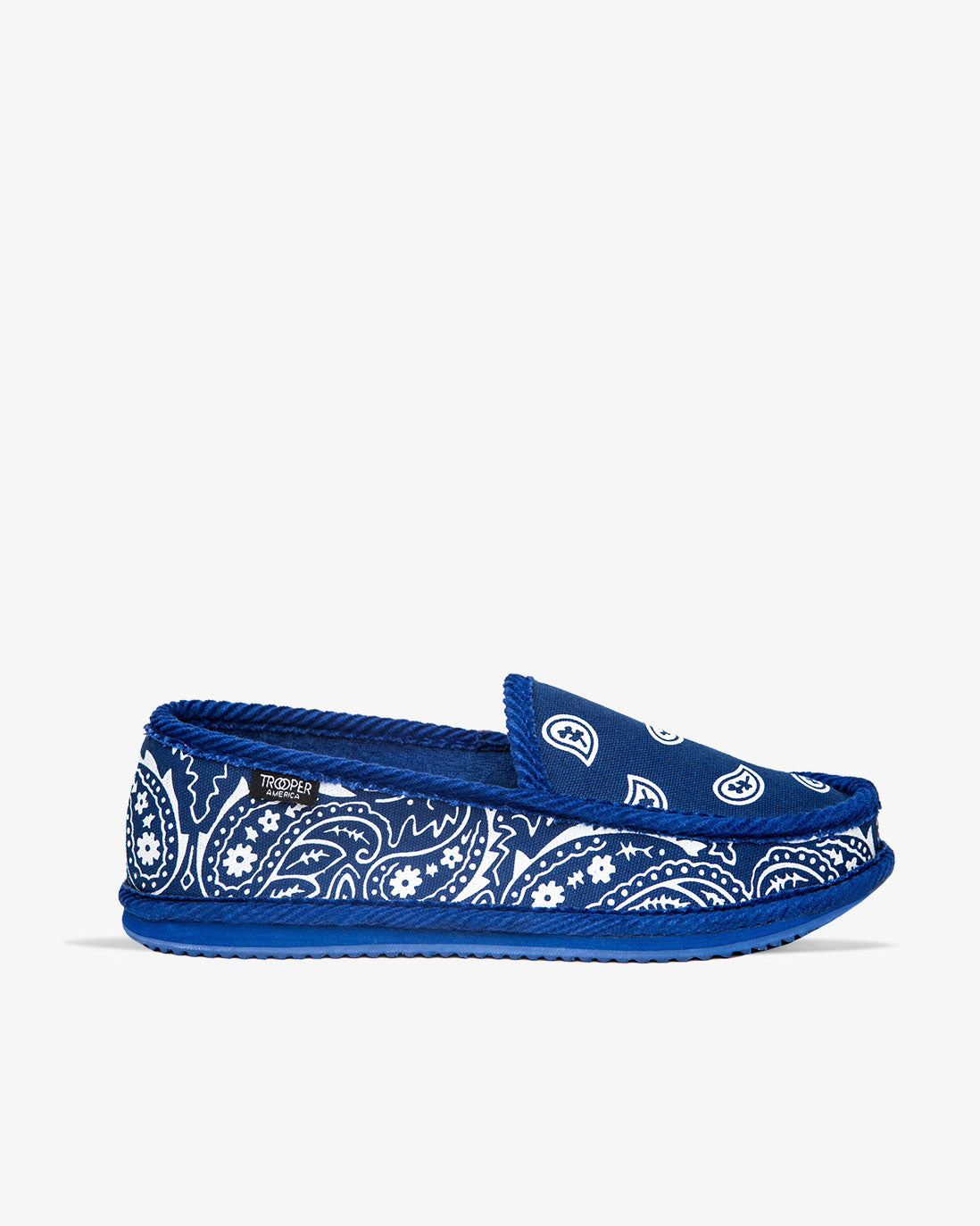 Trooper America Bandana Print House Shoes – Black & Royal Blue, Men's Sizes 8-13 (Canvas Slippers)